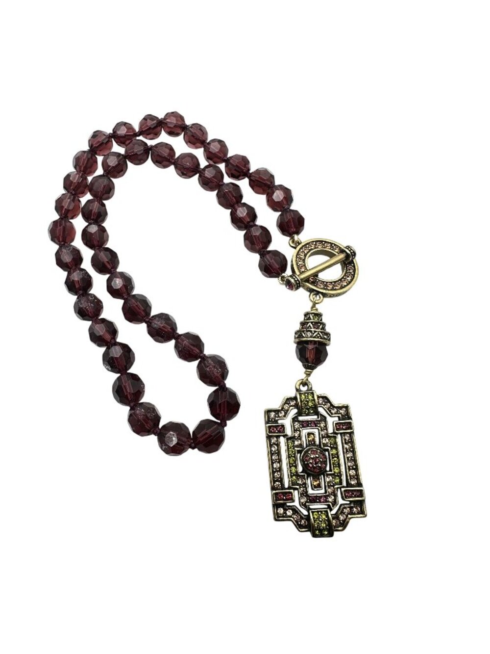 Heidi Daus Multicolor Crystal Purple Glass Bead Bronze Toggle Clasp Necklace